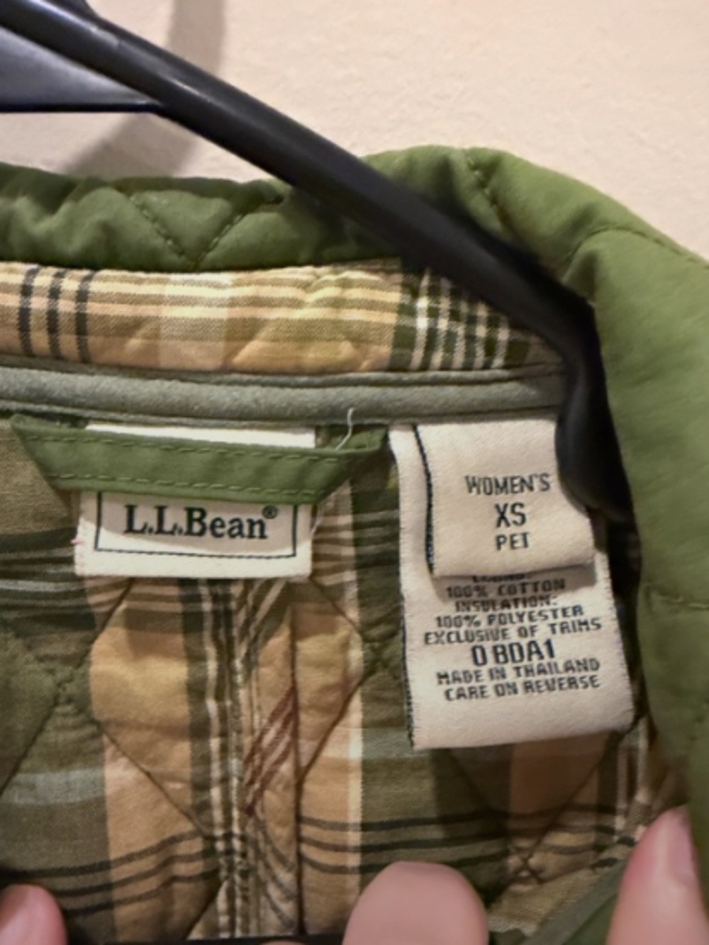 XS Petite L.L. Bean Quilted Puffer Jacket with Plaid Cuff Trim, Olive Green - Picture 2 of 4